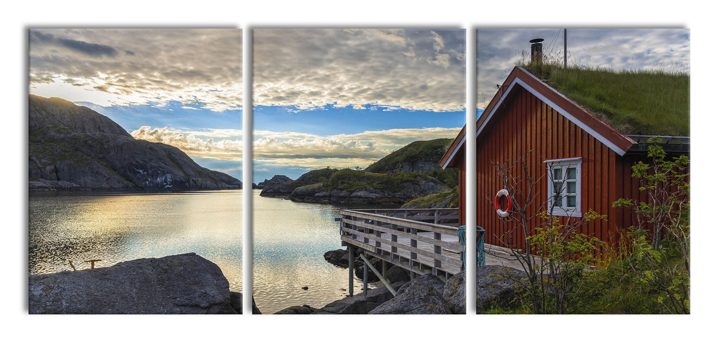Sonnenaufgang am Fjord Norwegens, XXL Leinwandbild als 3 Teiler