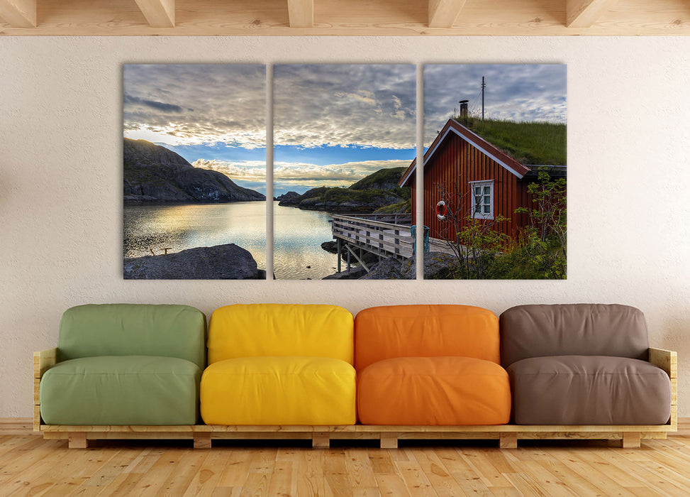 Sonnenaufgang am Fjord Norwegens, XXL Leinwandbild als 3 Teiler