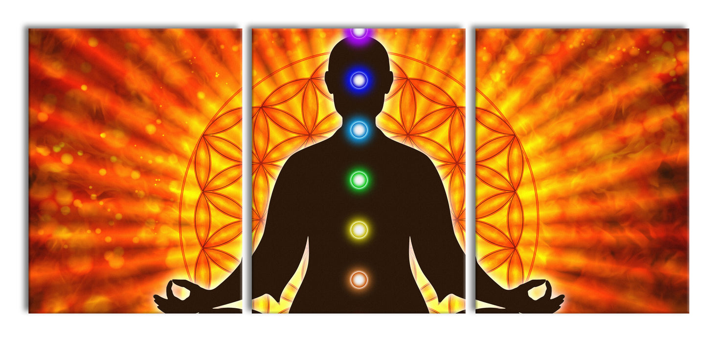 Meditation mit den 7 Chakren, XXL Leinwandbild als 3 Teiler