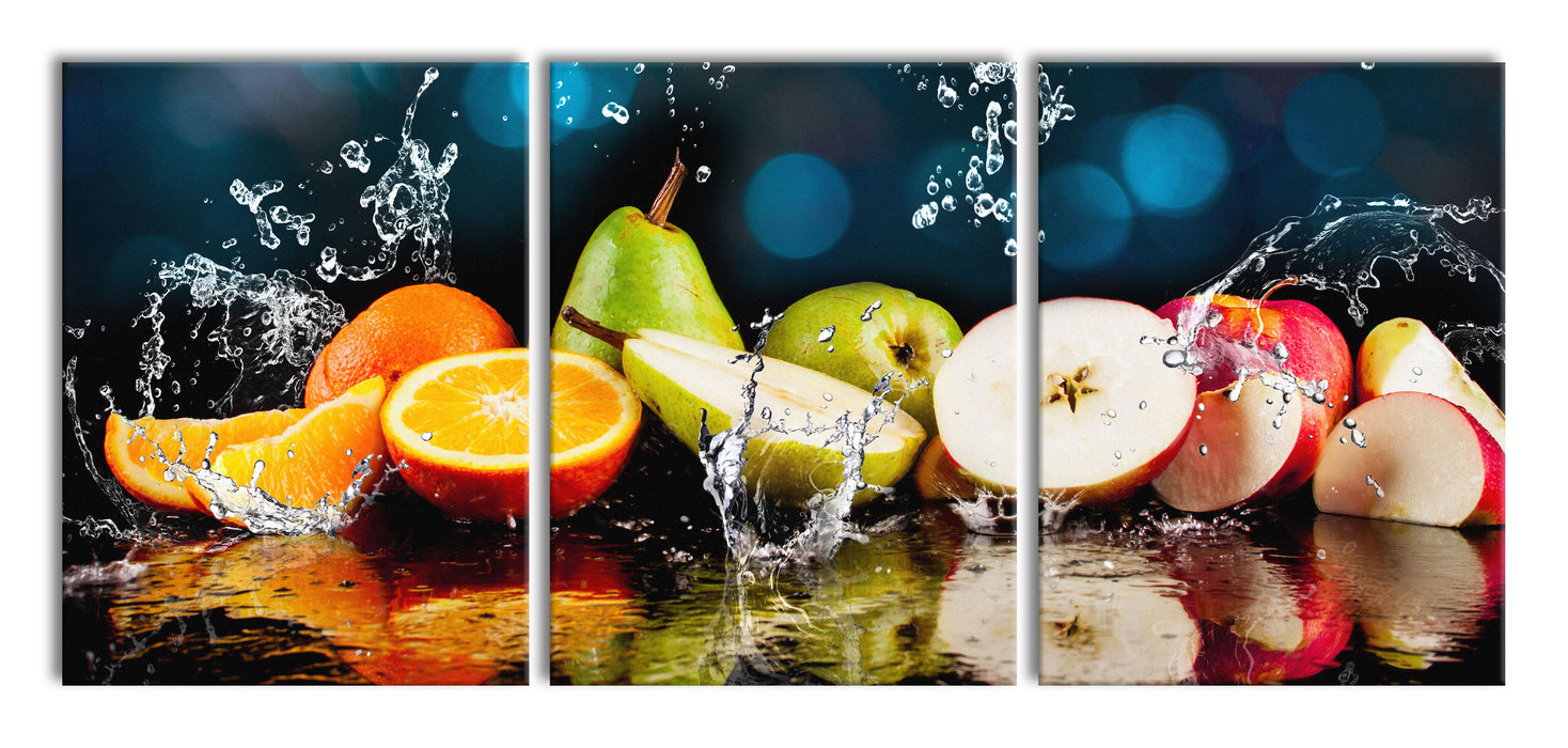 Früchte im Wasser, XXL Leinwandbild als 3 Teiler