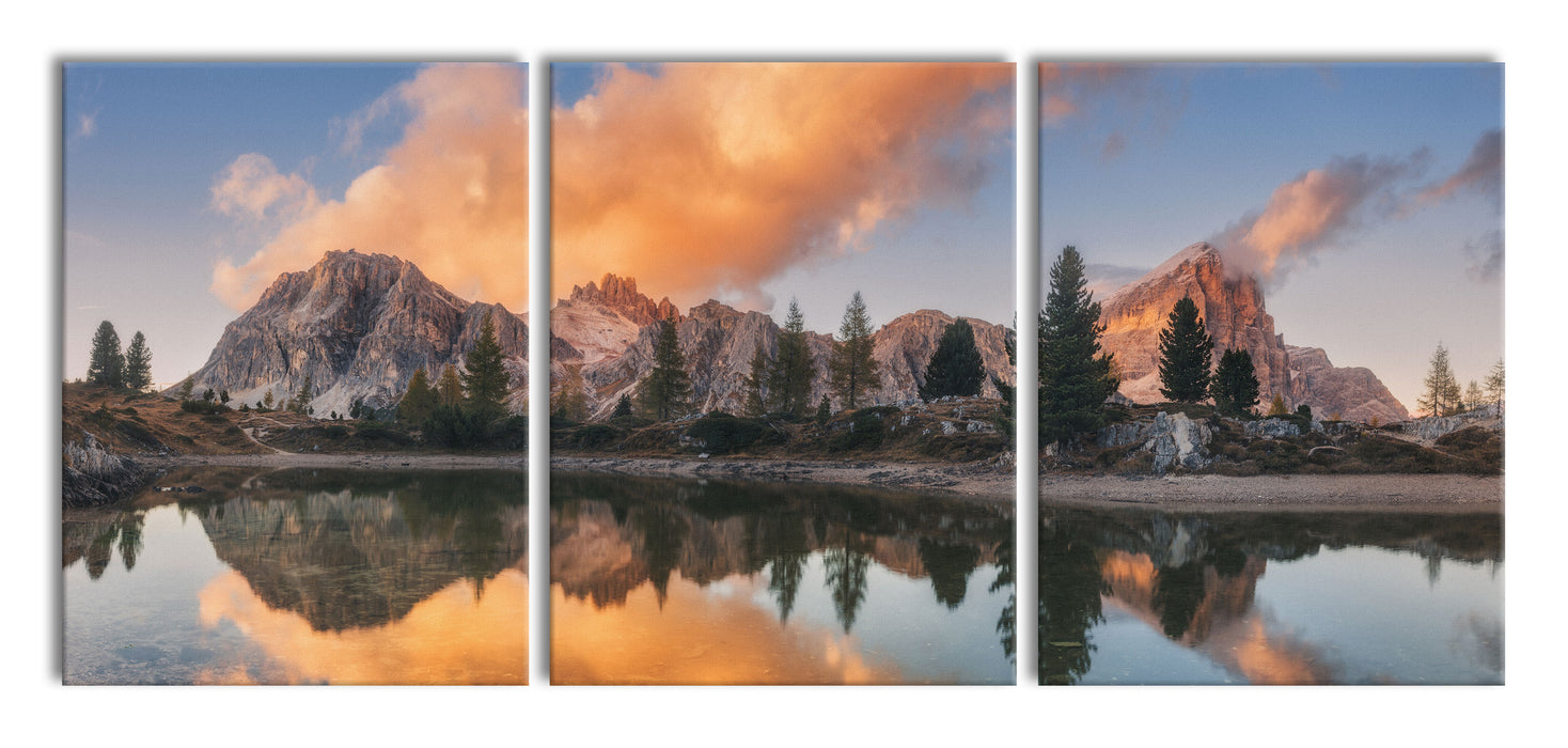 bunte Dolomiten am See Limides, XXL Leinwandbild als 3 Teiler