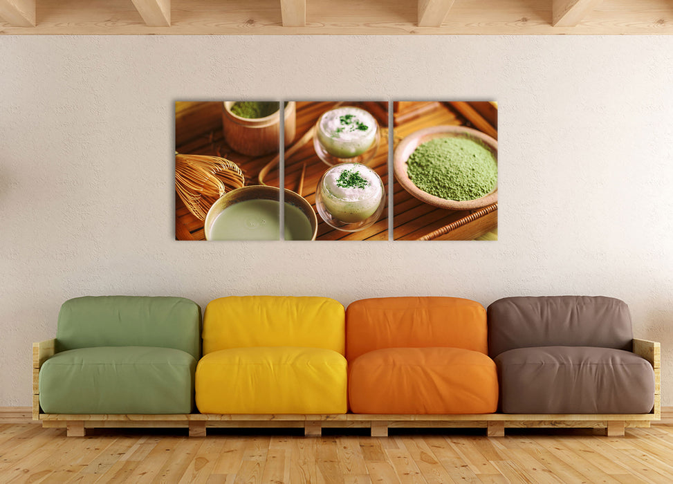 schön dekorierter Matcha Tee, XXL Leinwandbild als 3 Teiler