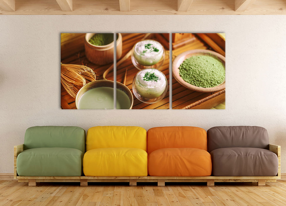 schön dekorierter Matcha Tee, XXL Leinwandbild als 3 Teiler