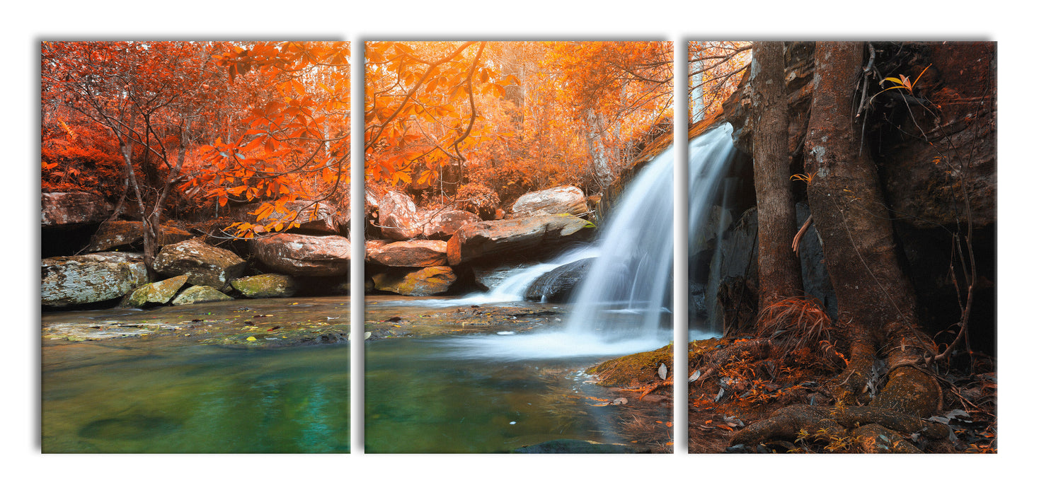 Wasserfall im Wald, XXL Leinwandbild als 3 Teiler