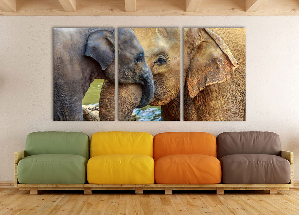 Elefantenmutter mit Kalb, XXL Leinwandbild als 3 Teiler