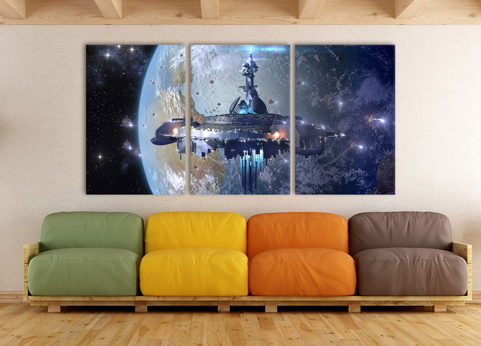 Raumschiff vor der Erde, XXL Leinwandbild als 3 Teiler