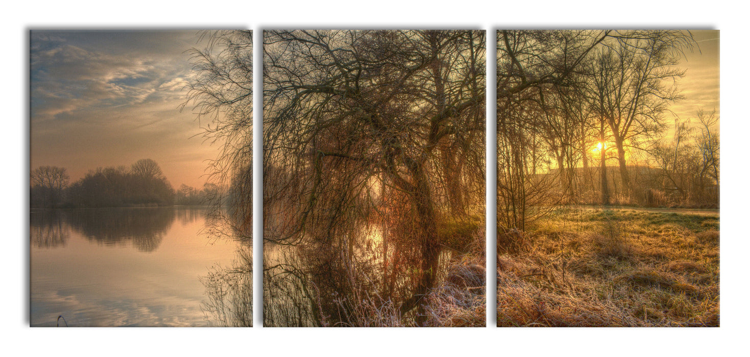 Landschaft im Morgengrauen, XXL Leinwandbild als 3 Teiler