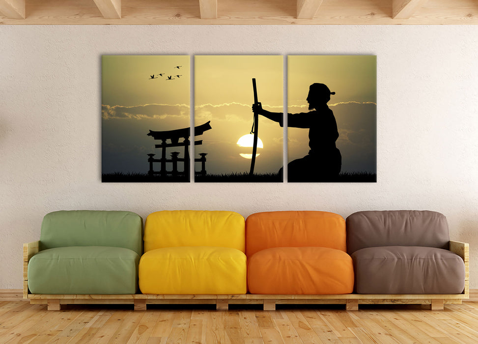 Samurai-Meister vor Horizont, XXL Leinwandbild als 3 Teiler