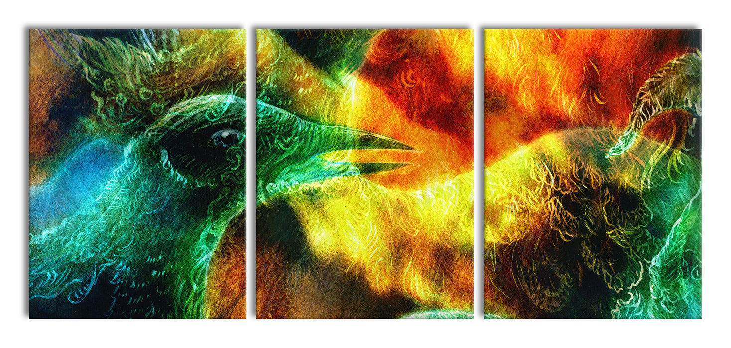 Vogel Phönix Collage, XXL Leinwandbild als 3 Teiler