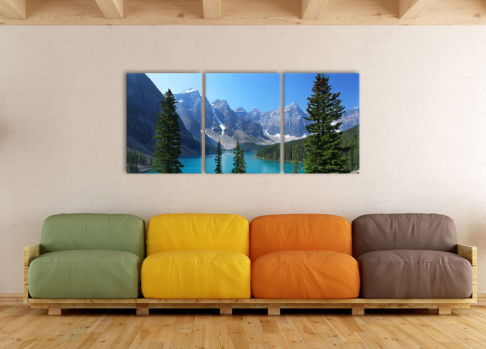 Moraine Lake kanadische Berge, XXL Leinwandbild als 3 Teiler