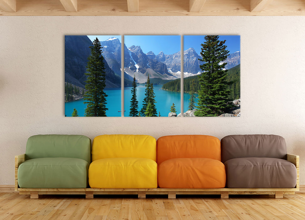 Moraine Lake kanadische Berge, XXL Leinwandbild als 3 Teiler