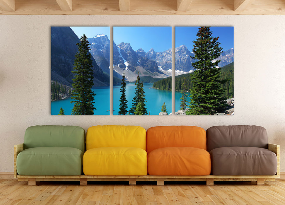 Moraine Lake kanadische Berge, XXL Leinwandbild als 3 Teiler