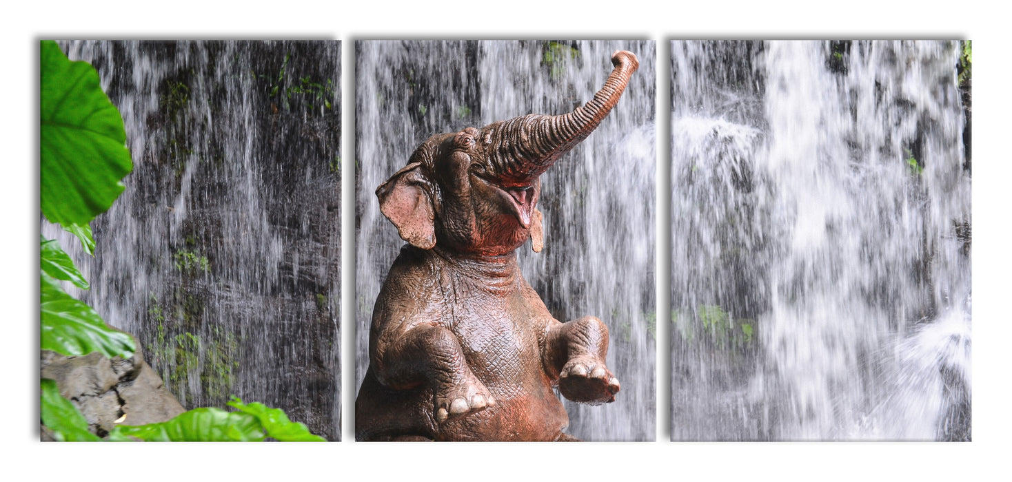 Babyelefant am Wasserfall, XXL Leinwandbild als 3 Teiler