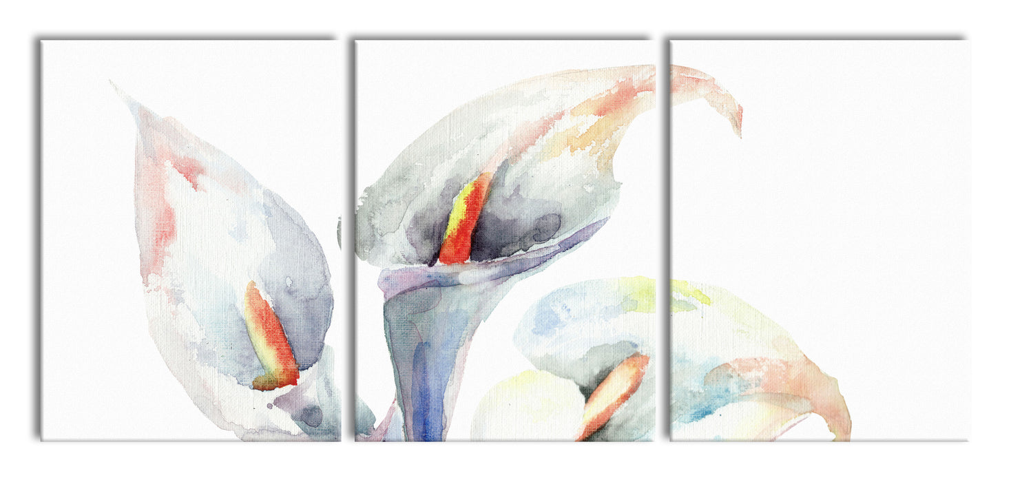 Aquarell Blüten Callas Kunst, XXL Leinwandbild als 3 Teiler