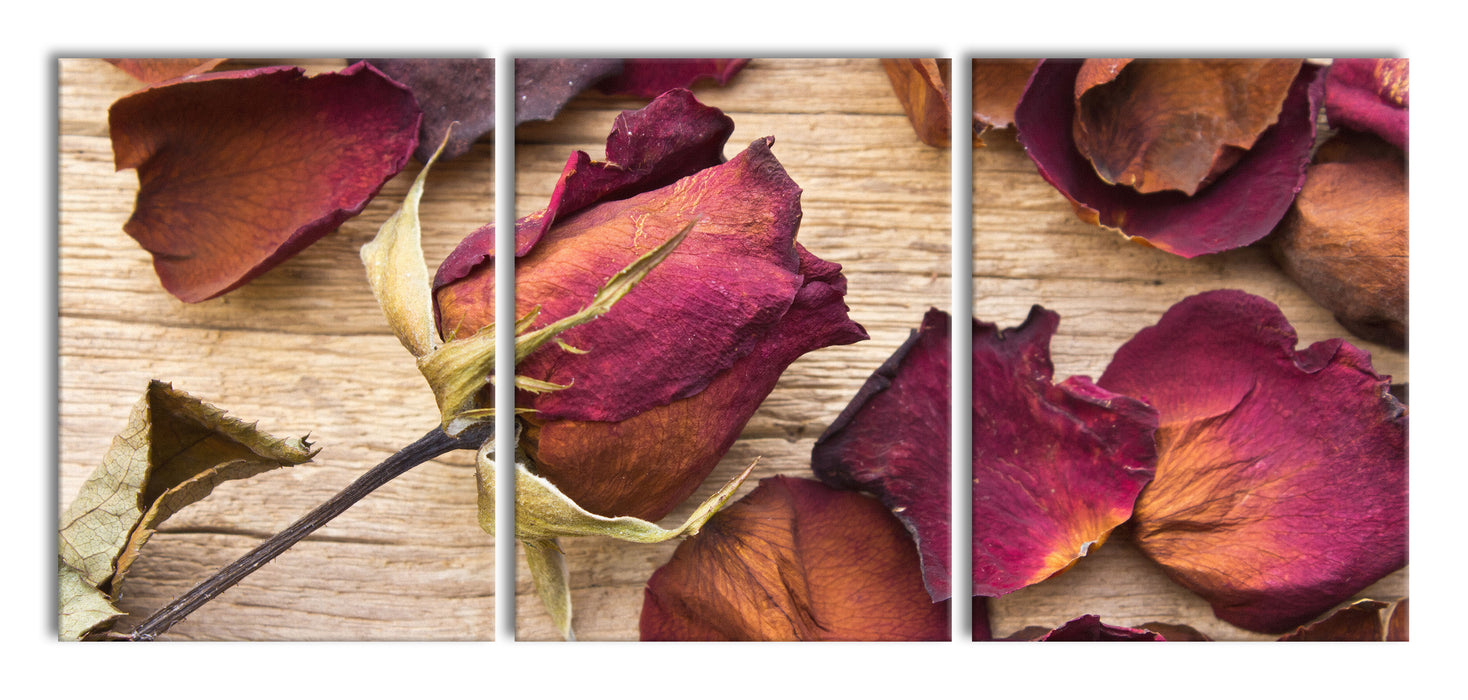Rosen auf Holztisch, XXL Leinwandbild als 3 Teiler
