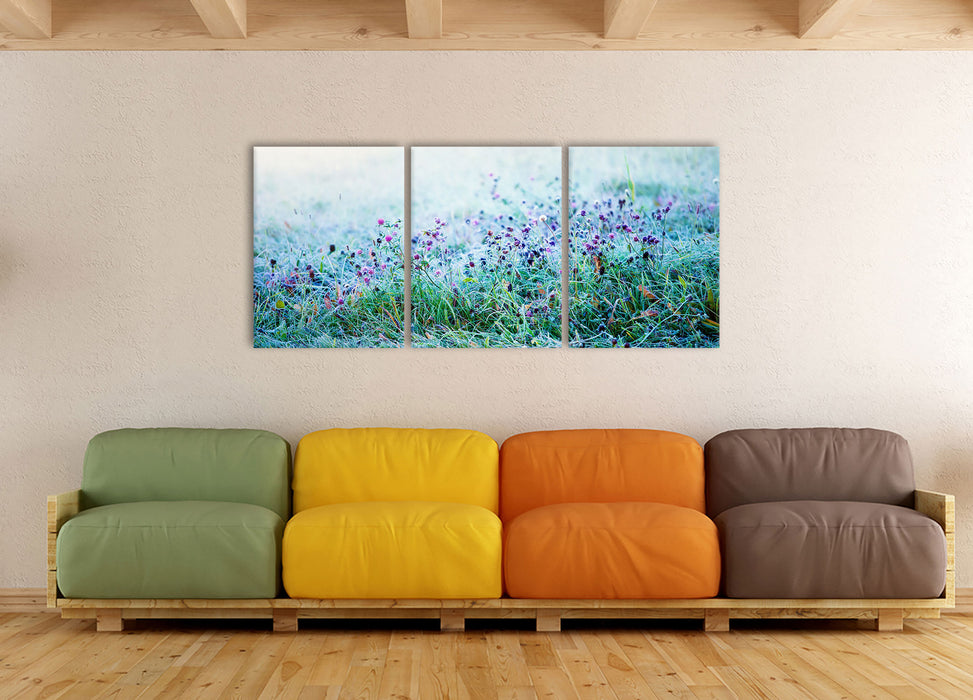 Lila Distel Feld im Retro Look, XXL Leinwandbild als 3 Teiler