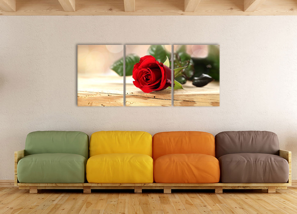 Rose auf Holztisch, XXL Leinwandbild als 3 Teiler