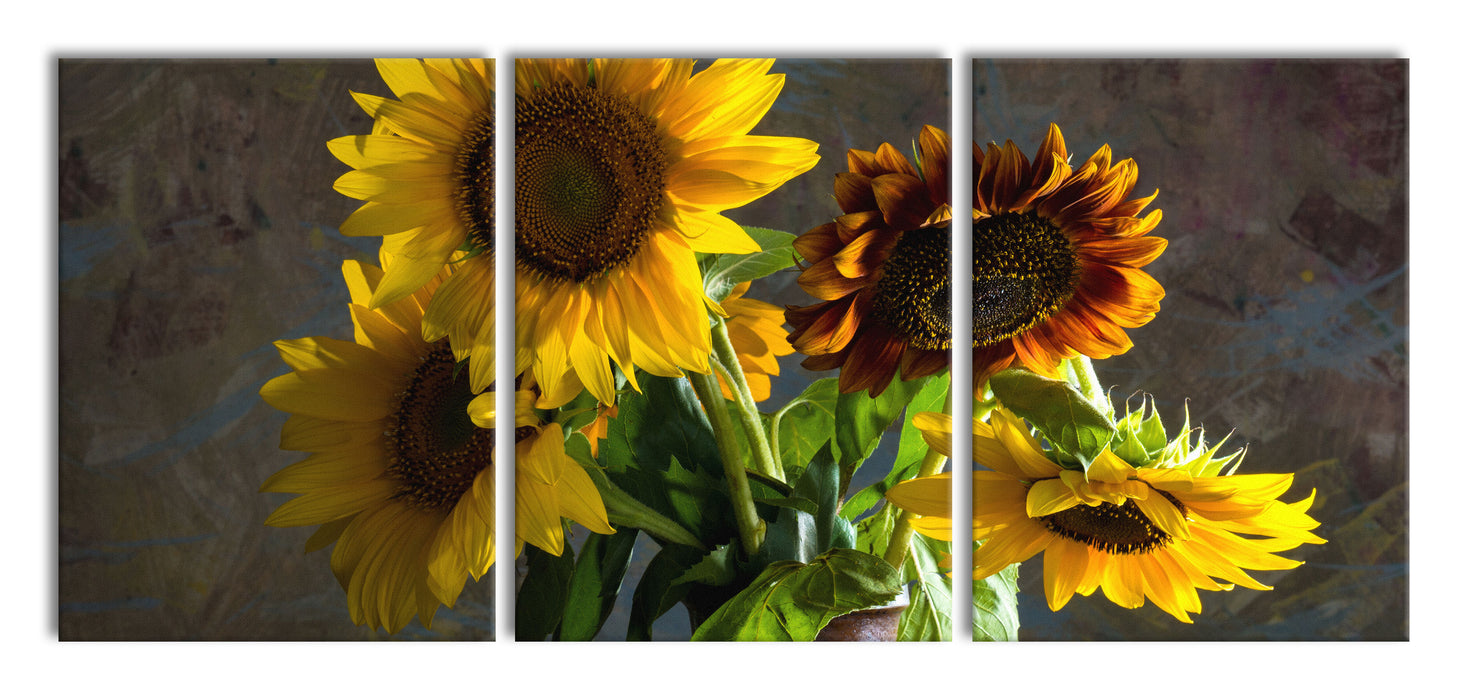 Sonnenblumen in edler Vase, XXL Leinwandbild als 3 Teiler