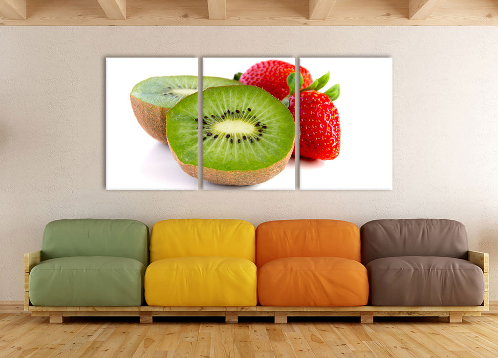 Kiwi und Erdbeeren, XXL Leinwandbild als 3 Teiler