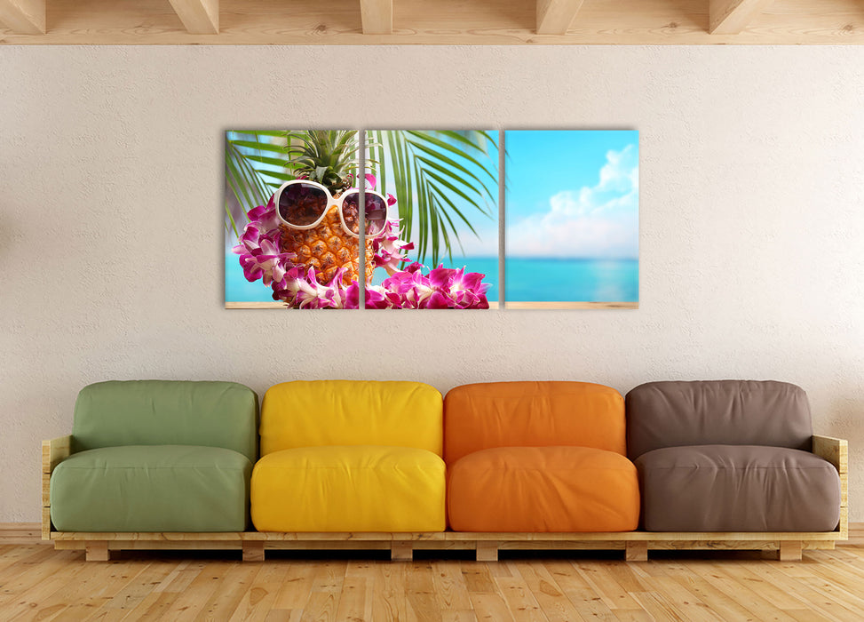 Ananas mit Sonnenbrille, XXL Leinwandbild als 3 Teiler