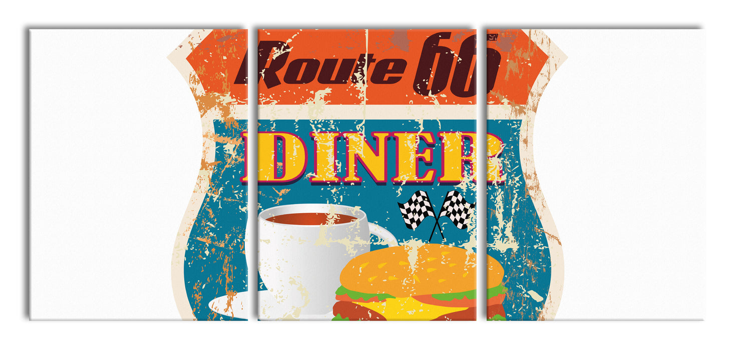 Altes Route 66 Schild Diner, XXL Leinwandbild als 3 Teiler