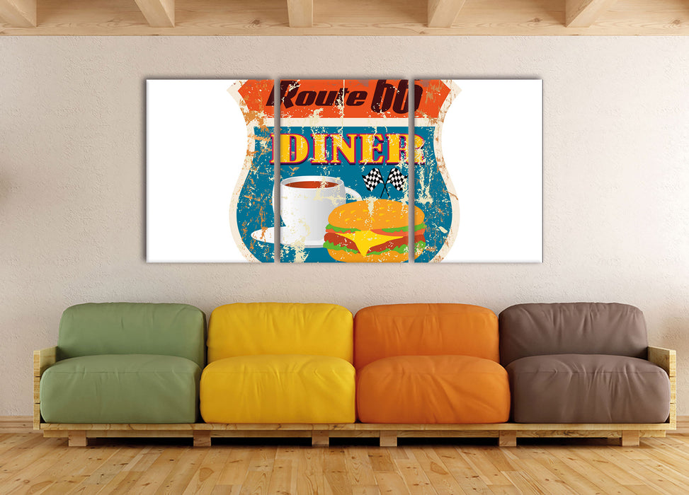 Altes Route 66 Schild Diner, XXL Leinwandbild als 3 Teiler