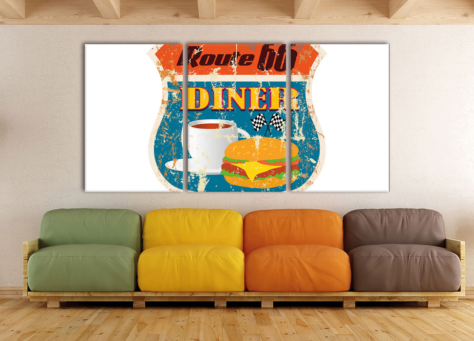 Altes Route 66 Schild Diner, XXL Leinwandbild als 3 Teiler