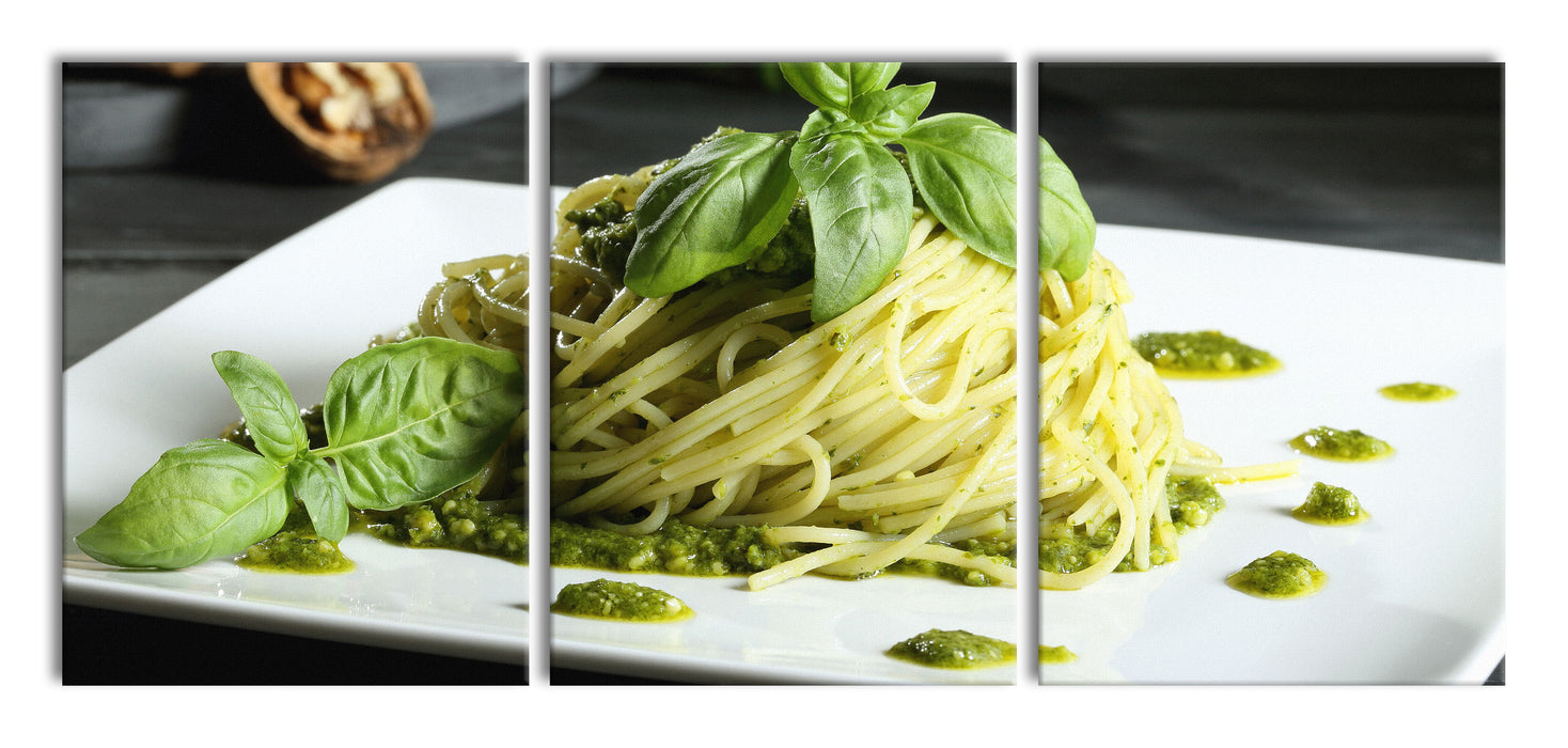 Spaghetti mit grünem Pesto, XXL Leinwandbild als 3 Teiler