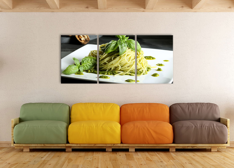 Spaghetti mit grünem Pesto, XXL Leinwandbild als 3 Teiler