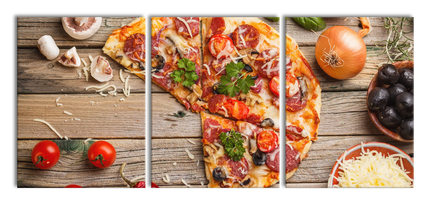 Pizza Italia auf Holztisch, XXL Leinwandbild als 3 Teiler