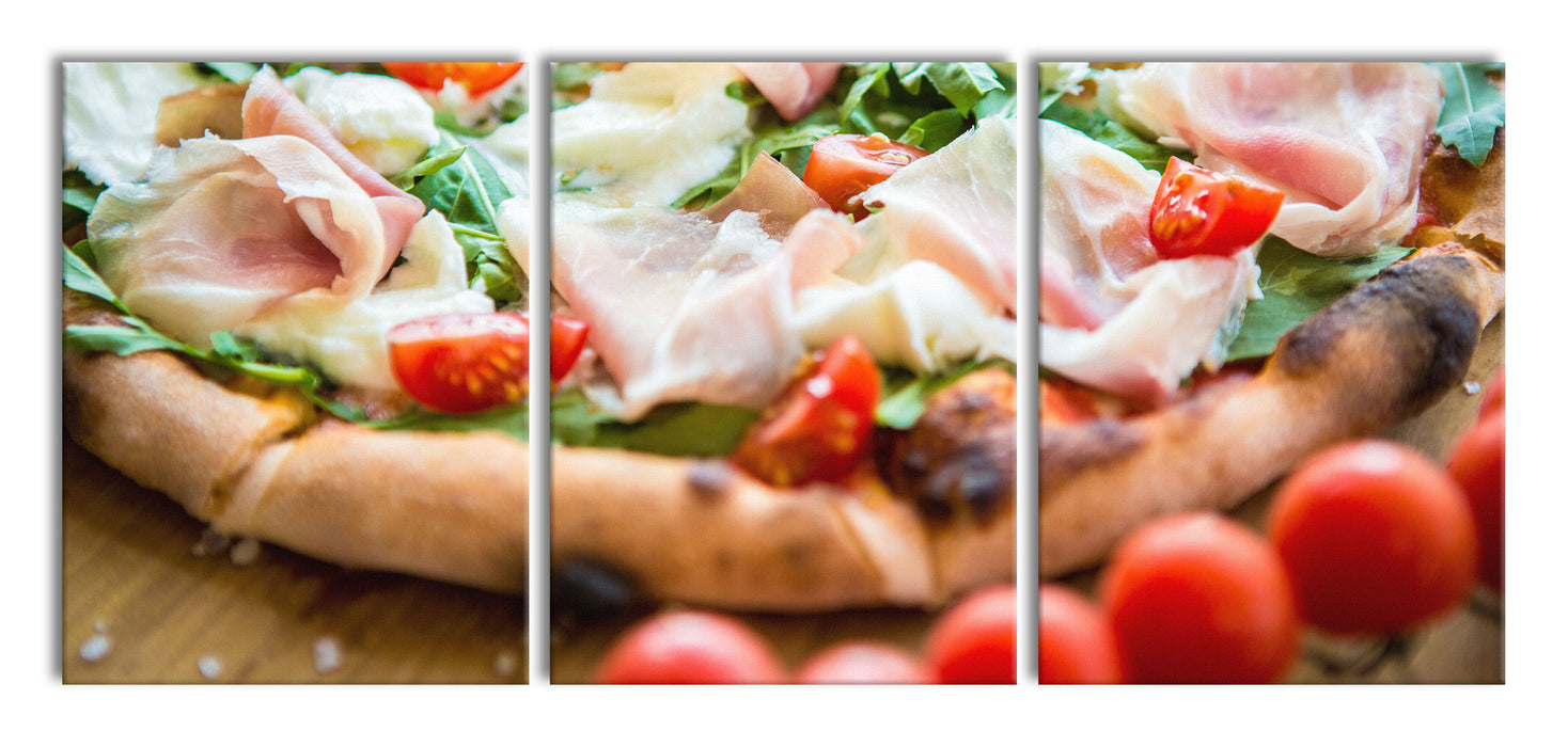 Pizza mit Parmaschinken, XXL Leinwandbild als 3 Teiler