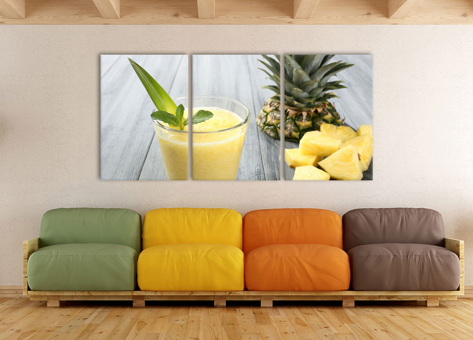 Ananas Cocktail auf Holztisch, XXL Leinwandbild als 3 Teiler