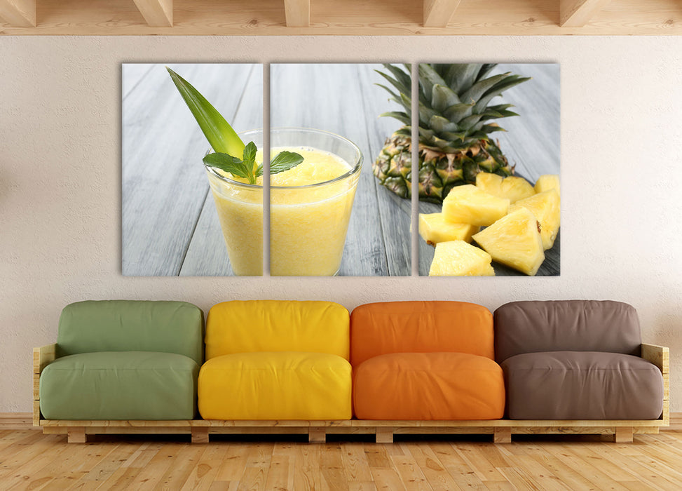 Ananas Cocktail auf Holztisch, XXL Leinwandbild als 3 Teiler