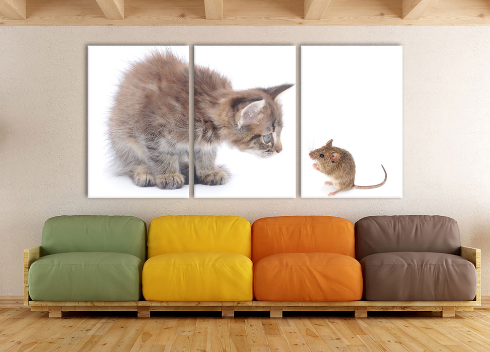 Katze und Maus Freunde, XXL Leinwandbild als 3 Teiler