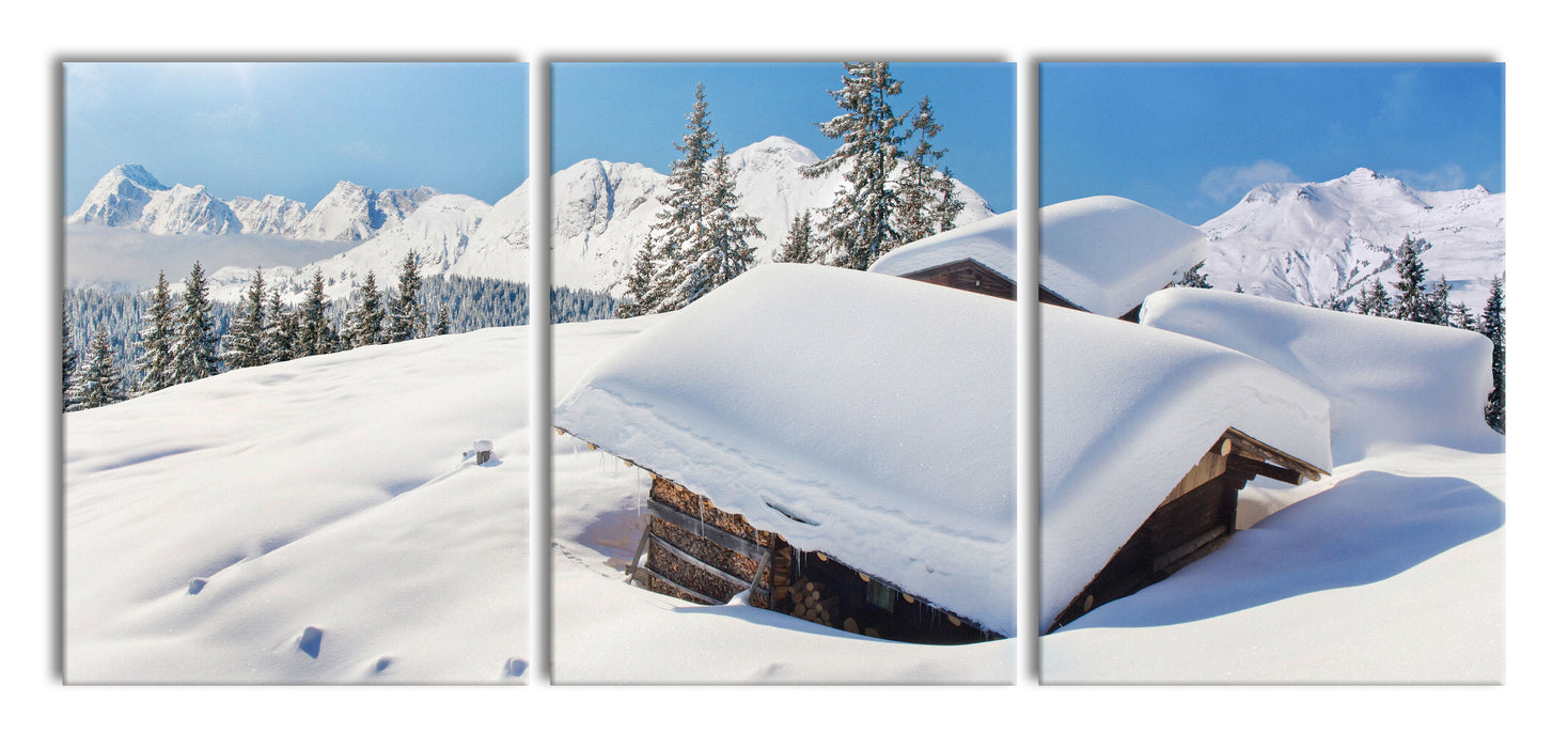 Berghütten in den Alpen, XXL Leinwandbild als 3 Teiler