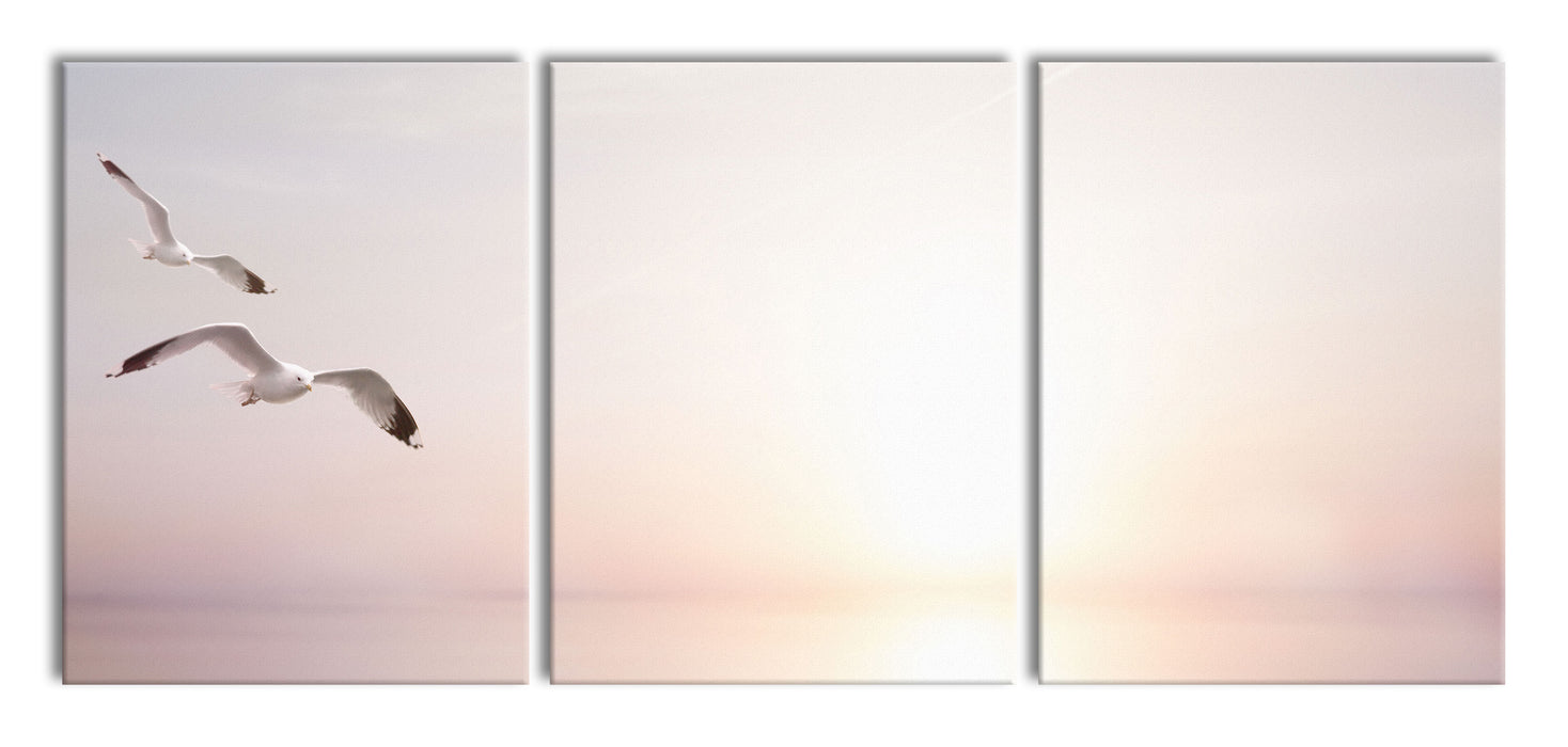 Möwen am Meer bei Sonnenaufgang, XXL Leinwandbild als 3 Teiler