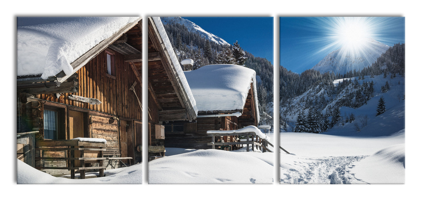 Verschneite Alpenhütte, XXL Leinwandbild als 3 Teiler