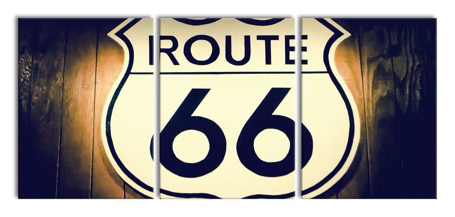 Modernes Route 66 Schild, XXL Leinwandbild als 3 Teiler