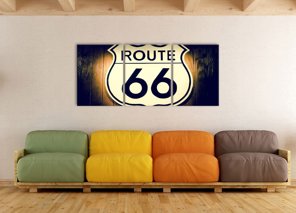 Modernes Route 66 Schild, XXL Leinwandbild als 3 Teiler