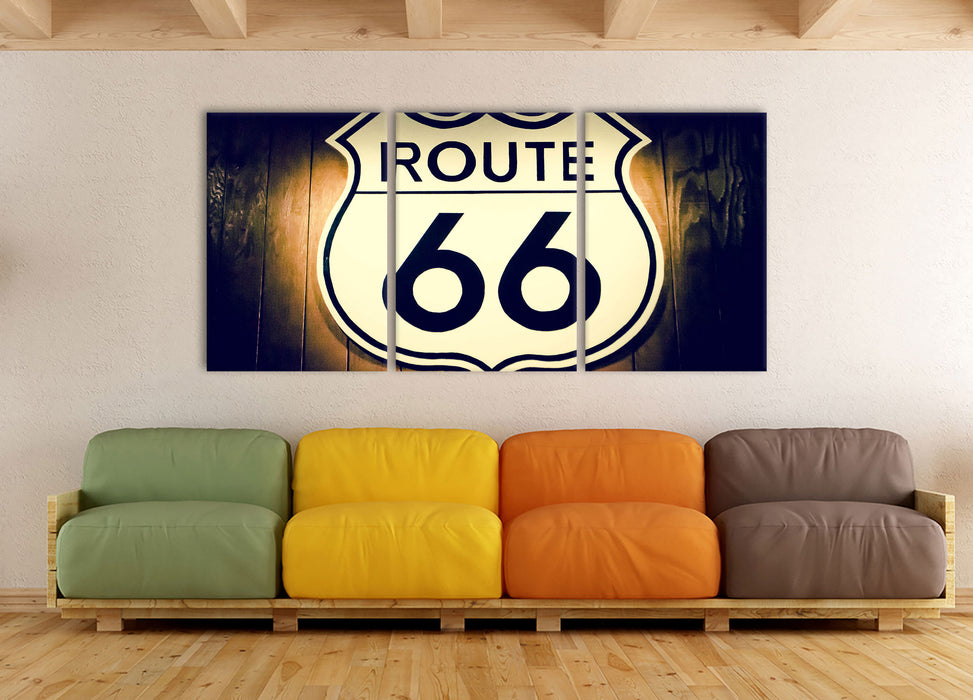 Modernes Route 66 Schild, XXL Leinwandbild als 3 Teiler