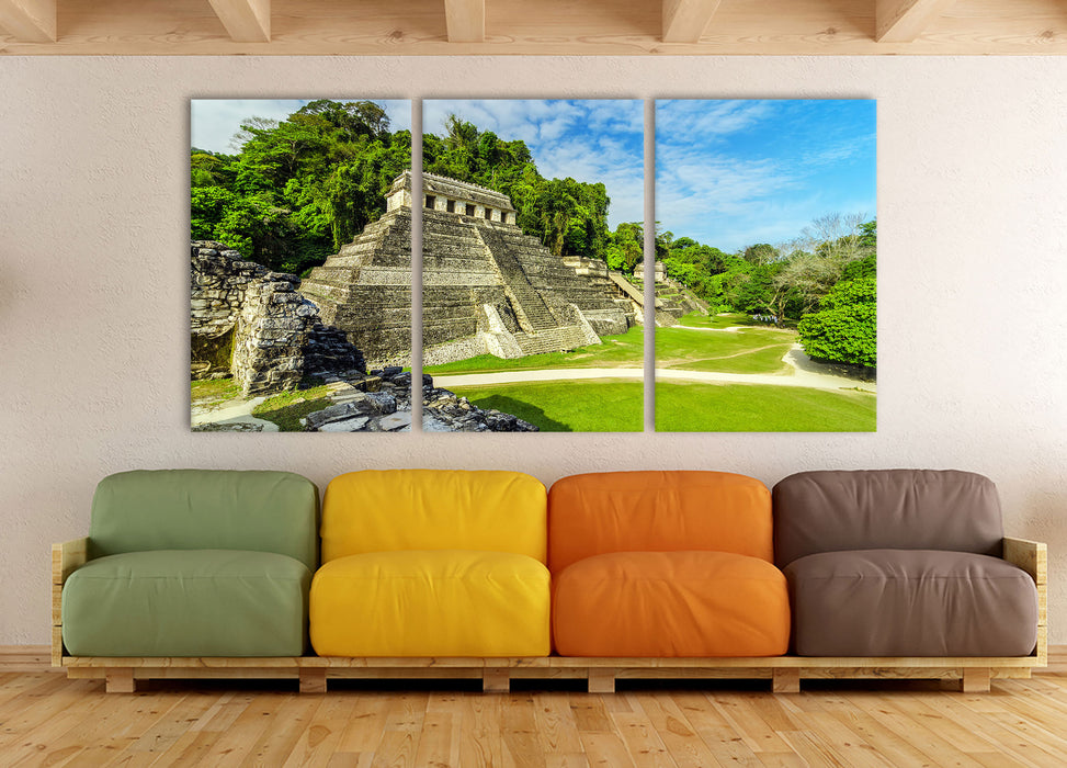 Maya Pyramiden aus Palenque, XXL Leinwandbild als 3 Teiler
