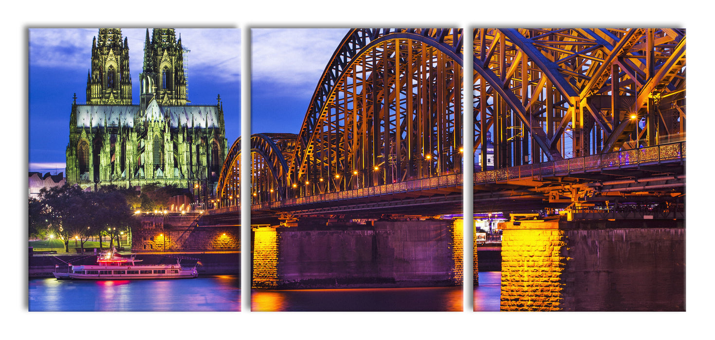 Hohenzollernbrücke bei Nacht, XXL Leinwandbild als 3 Teiler