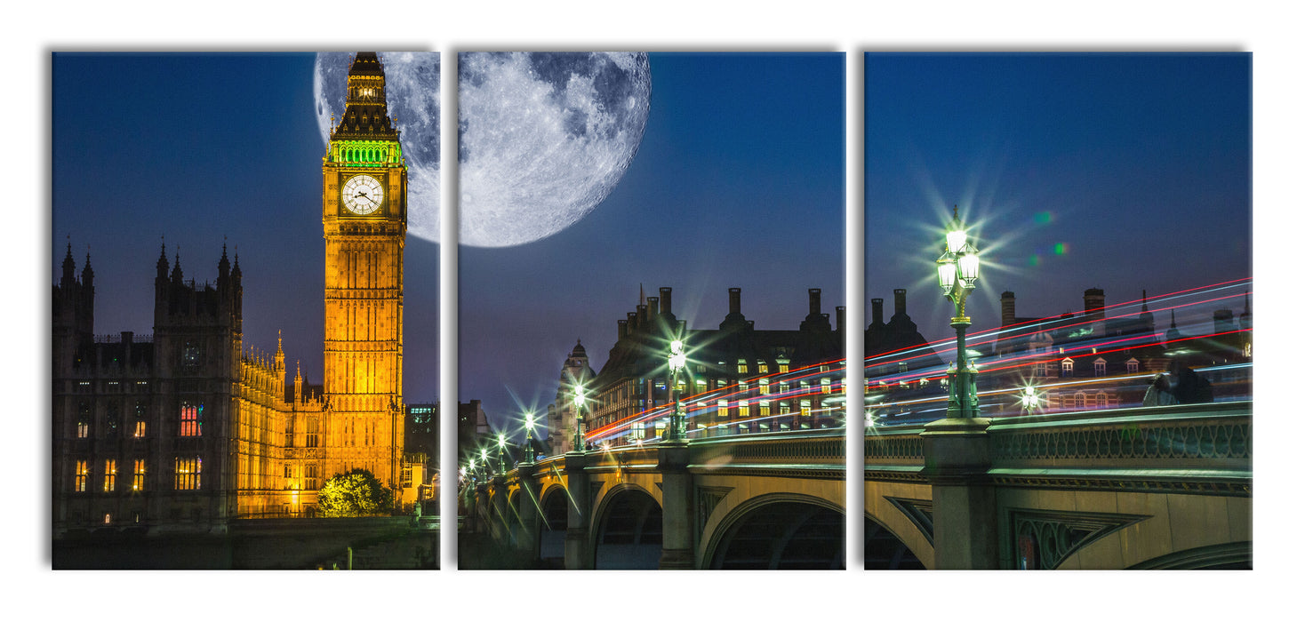 Big Ben vor Mond in London, XXL Leinwandbild als 3 Teiler
