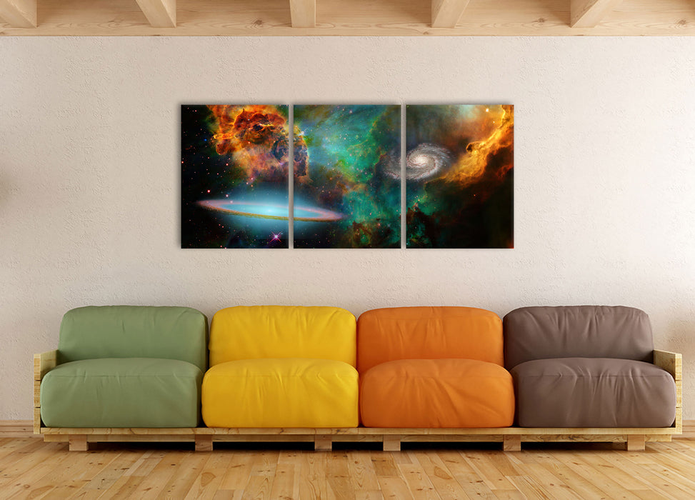 Galaxie mit Sternennebel, XXL Leinwandbild als 3 Teiler