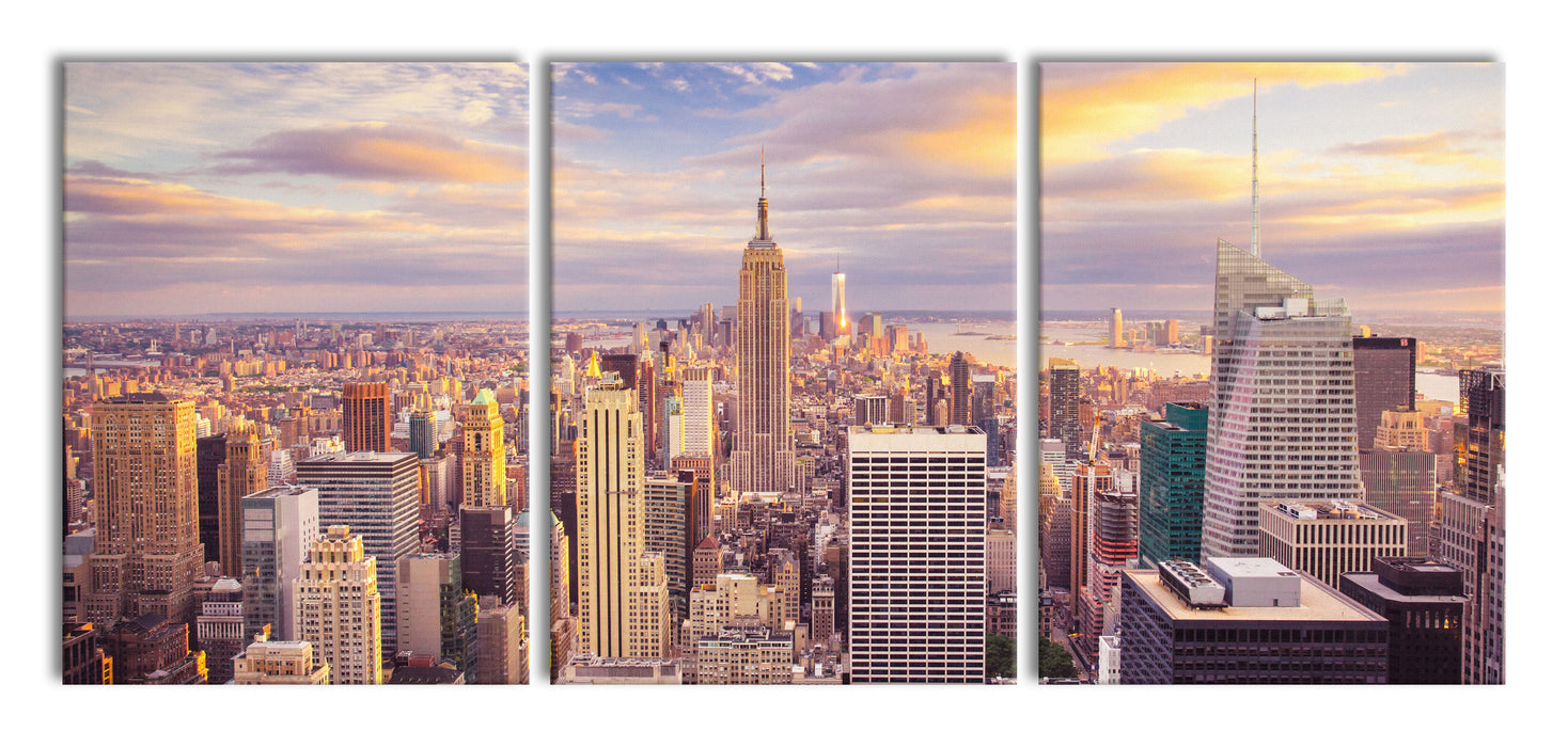 Skyline New York Sonnenuntergang, XXL Leinwandbild als 3 Teiler