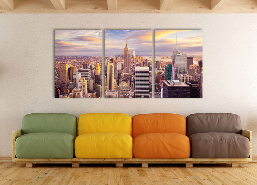 Skyline New York Sonnenuntergang, XXL Leinwandbild als 3 Teiler