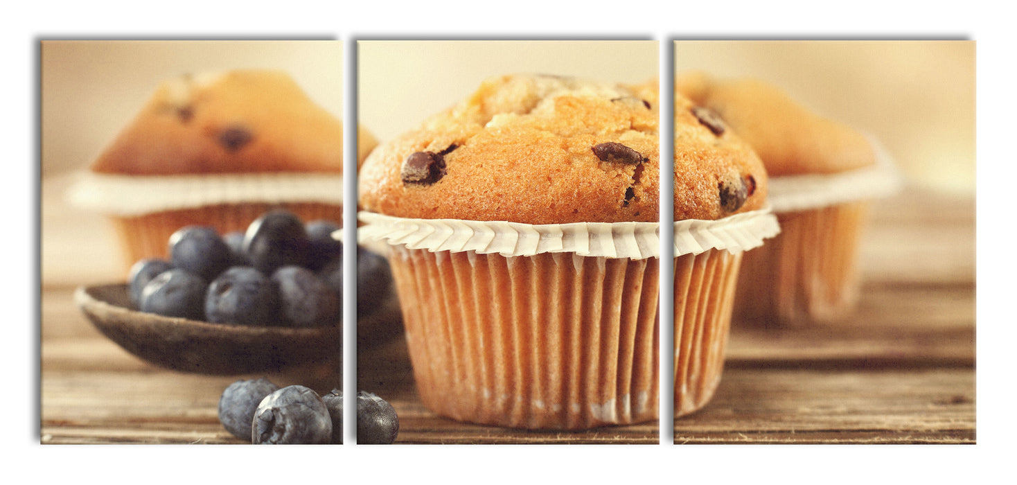 Muffins mit Blaubeeren, XXL Leinwandbild als 3 Teiler