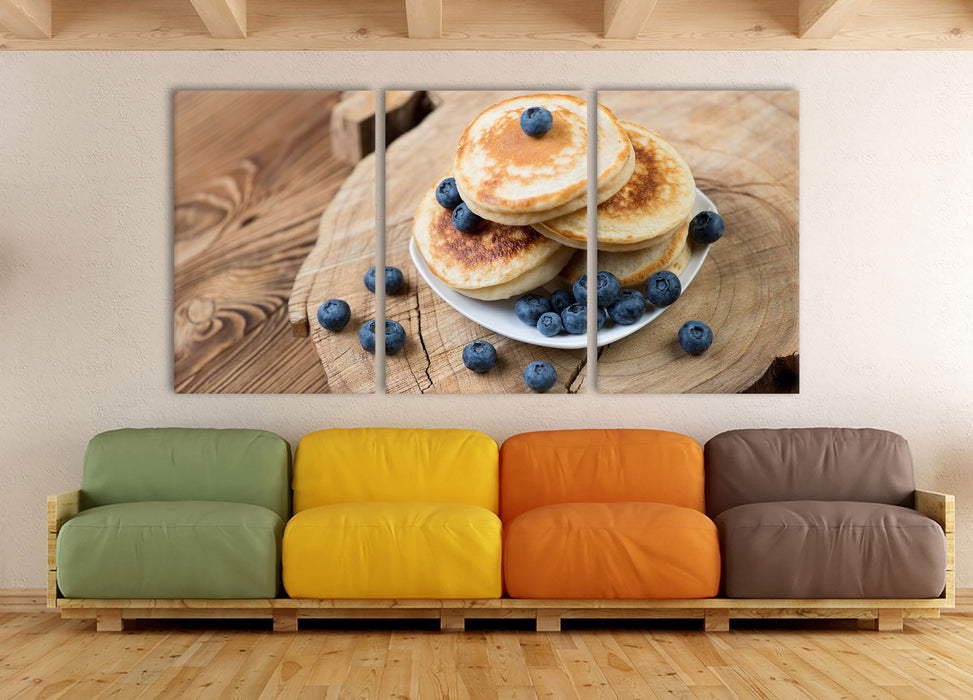 Pancakes mit Blaubeeren, XXL Leinwandbild als 3 Teiler
