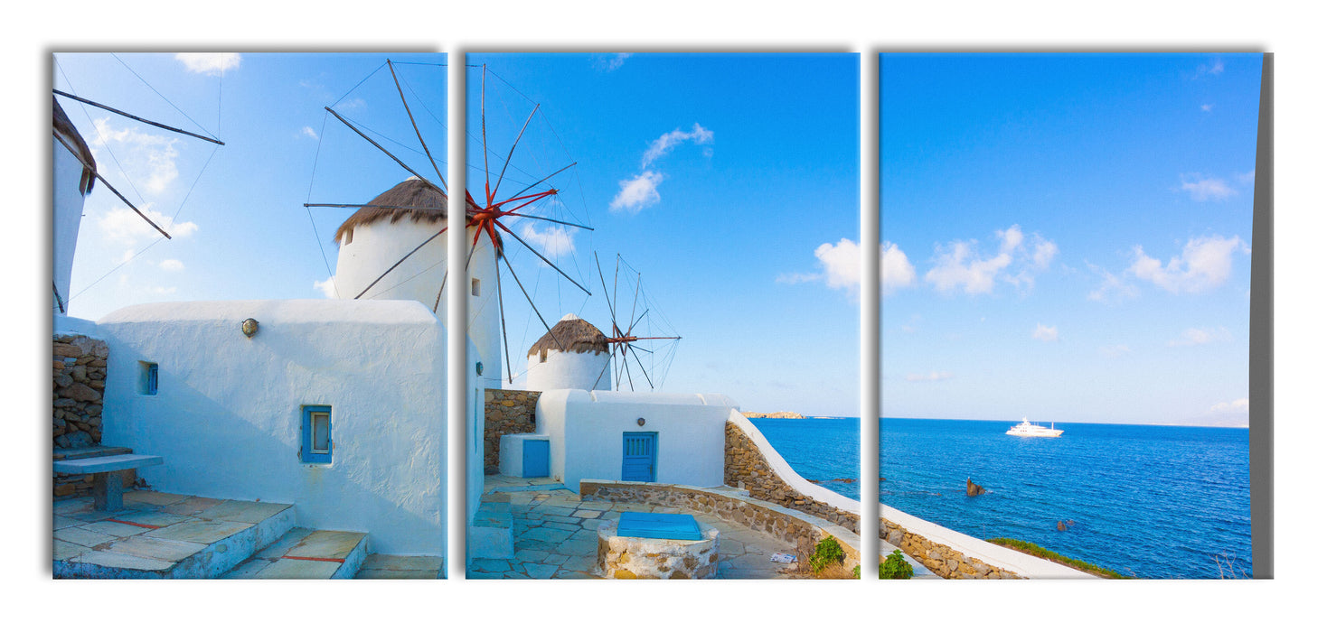 Windmühlen im Mittelmeer, XXL Leinwandbild als 3 Teiler