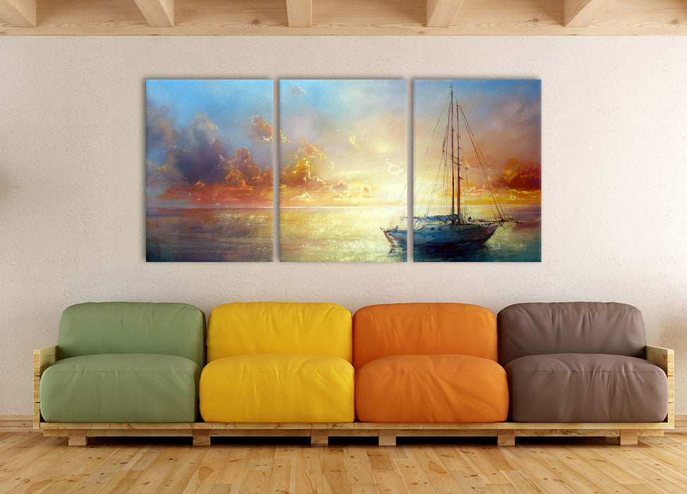 Schönes Gemälde eines Bootes, XXL Leinwandbild als 3 Teiler